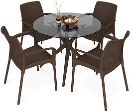 Комплект обеденная группа Sheffilton SHT-DS245 стол стекло цвет дымчатый 900х900х735мм (ШхГхВ) + 4 стула пластик, цвет коричневый 565х510х430/915 (ШхГхВ)