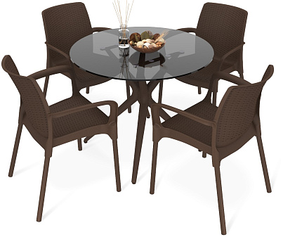 Комплект обеденная группа Sheffilton SHT-DS245 стол стекло цвет дымчатый 900х900х735мм (ШхГхВ) + 4 стула пластик, цвет коричневый 565х510х430/915 (ШхГхВ)