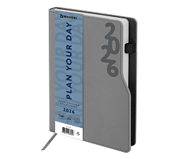 Ежедневник А5 датированный 2026 BRAUBERG "Up" 168 листов в линию, твёрдая обложка soft touch, размер 150х213мм, ляссе, цвет серый