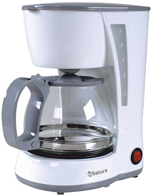 Кофеварка Sakura SA-6107W капельная, мощность 650Вт, объем 0,6 л, используемый кофе - молотый, цвет белый