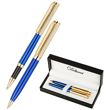Ручка Delucci "Azzurro", 2 шт: ручка шариковая 1мм и ручка-роллер, 0,6мм, синий стержень, корпус: медь, цвет синий/золотой, подарочная коробка