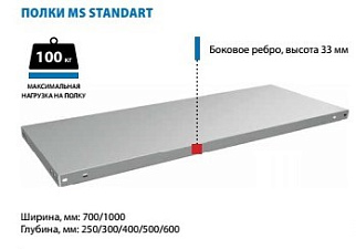 Полка стеллажа метал. 1000х250мм  MS Standart Нагрузка: до 100 кг.  ПОД ЗАКАЗ