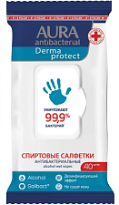 Салфетки влажные антибактериальные Aura "Derma Protect" спиртовые, 40 шт в мягкой упаковке с клапаном