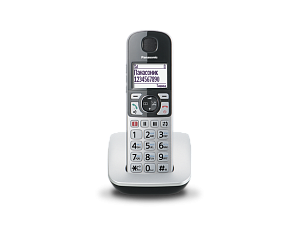 Телефон радио PANASONIC KX-TGE510RUS, на подставке, телефонный справочник на 20 имен, подсветка дисплея и кнопок, будильник, поиск трубки,  AOH/Caller ID, цвет серебристый