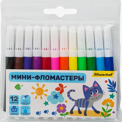 Фломастеры 12 цветов Silwerhof  "Веселые друзья", диаметр корпуса 8 мм, длина корпуса 88 мм, вентилируемый пулевидный наконечник, пакет с европодвесом