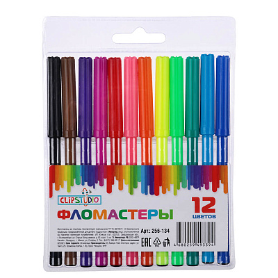 Фломастеры 12 цветов Clip Studio на водной основе. с вентилируемым колпачком, морозостойкие, в ПВХ пенале