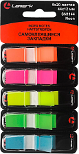 Клейкие закладки флажки пластиковые "Lamark" размер  44х12мм, 20л х 5 неоновых цвета, 100 листов в диспенсере Z-сложения