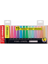 Набор маркеров текстовыделителей 15 цветов "STABILO BOSS ORIGINAL" толщина линии 2-5мм, подставка ПВХ, европодвес