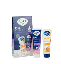 Набор подарочный женский AURA PURE COTTON Крем для рук питательный с d- пантенолом и экстрактом мёда, 75мл + крем для рук ночной с маслом макадамии, 75мл