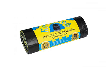 Мешки для мусора "Крепакоф" ПНД 60л 20шт в рулоне, с завязками, плотность 12 мкм, размер 55х64см, черные