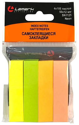 Флажки-закладки бумажные "Lamark", размер 50 х 12мм, 100л х 4 неоновых цветов, 400 листов	