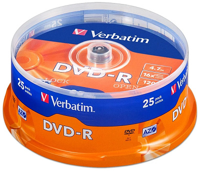 Диск DVD-R объем 4.7ГБ,16x, Cake Box, 25шт/уп.