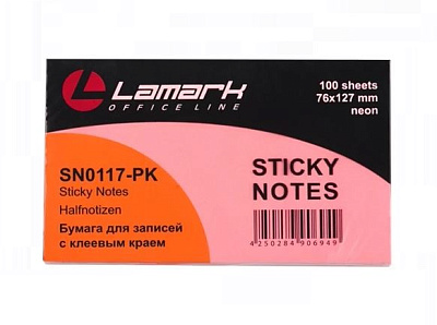 Блок самоклеящийся бумажный "Lamark" размер 76х127мм, 100 листов, неон розовый 