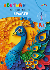 Цветная бумага Апплика "Яркий павлин"формат А-3, 8 листов 8 цветов тонированная, в папке