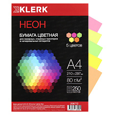 Бумага ЦО KLERK формат А-4, плотность 80г/м2, 250 листов, неон, радуга 5 цветов по 50 листов