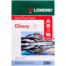 Фотобумага LOMOND А-4, плотность 200 г/м2, глянцевая, односторонняя, 50 листов, для струйных принтеров.