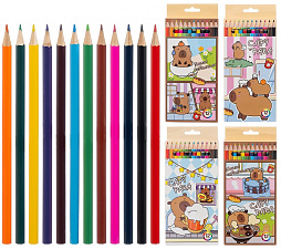 Карандаши цветные 12 цветов "Basir КАПИБАРА" деревянные, шестигранные, картонная упаковка с европодвесом