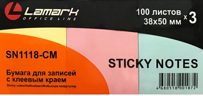 Стикеры Блок самоклеящийся бумажный, размер 38х50мм, 100л х 3цв, 300л в уп., пастель ассорти, Lamark