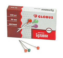 Булавка Globus 30мм с круглой головкой 100шт картонная упаковка, цвет ассорти