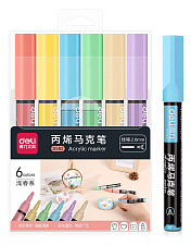 Набор маркеров 6 цветов Deli S582 для скетчинга, акриловые, толщина линии 2 мм, круглый пишущий наконечник, упаковка с европодвесом.
