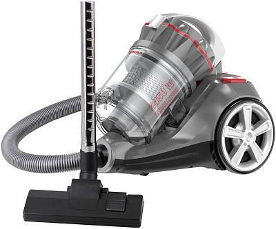 Пылесос Supra VCS-2525 мощность 3000Вт, сухая уборка, контейнер 3,5л,  регулировка мощности всасывания 420 Вт, 5-ступенчатая фильтрация, телескопическая труба, низкий уровень шума, цвет серый/красный