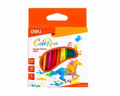 Карандаши цветные 12 цветов " Deli EC09900 ColoRun" 87 мм, пластик, трехгранные, картонная упаковка с европодвесом