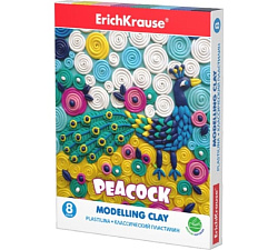 Пластилин мягкий 8 цветов, ErichKrause Peacock пластилинография, со стеком, средний уровень мягкости, в картонной коробке