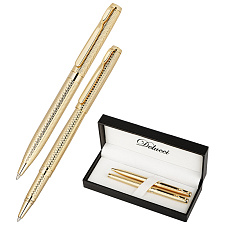 Ручка Delucci "Celeste", 2 шт: ручка шариковая 1мм и ручка-роллер, 0,6мм, синий стержень, корпус: медь, цвет золото, подарочная коробка