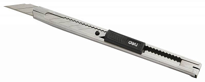 Нож канцелярский узкий 9мм Deli E2034 усиленный, профессиональный, с фиксатором, стальное лезвие, цвет серый 