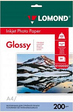 Фотобумага LOMOND А-4, плотность 200 г/м2, глянцевая, односторонняя, 25 листов, для струйных принтеров.