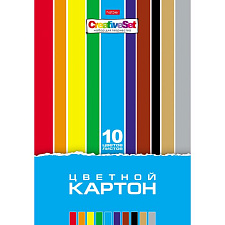 Цветной картон  формат А-4, 10 листов 10 цветов, мелованный, односторонний, в папке, 3 дизайна