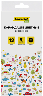 Карандаши цветные 12 цветов Silwerhof Eco деревянные, шестигранный, картонная упаковка с европодвесом