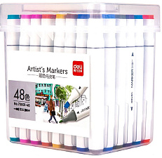 Набор маркеров для скетчинга 48 цветов Deli E70801-48, двухсторонние, корпус квадратной формы белого цвета, в пластиковом боксе, наконечник скошенный/тонкий