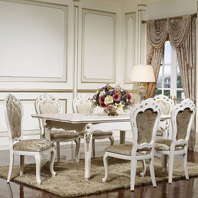 Комплект обеденый стол и 6 стулев AFINA 6017 цвет белый с золотым патинированием, материал МДФ, размеры стола 160х110х78 см, 