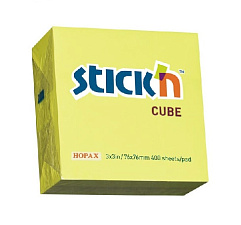 Блок самоклеящийся бумажный "Stick N" HOPAX", размер 76х76мм, 400л. желтый неоновый цвет, плотность бумажного блока 70г/м2