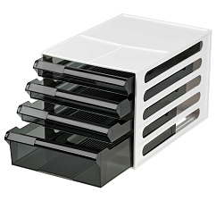Бокс для бумаг "СТАММ" 4 выдвижных лотка закрытого типа, окно для маркировки, размер 340×250×230 мм, материал пластик, белый корпус, лотки тонированные черные.