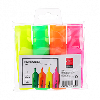 Набор маркеров текстовыделителей 4 цвета Deli ES622 Delight толщина линии 1-5мм,цвета:желтый, розовый, оранжевый, зеленый