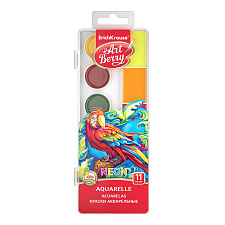 Краски акварельные 11 цветов ErichKrause ArtBerry Neon 53406 с УФ защитой яркости с увеличенными кюветами, в пластиковом пенале, без кисти