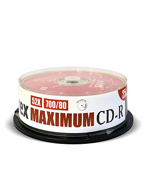 Диск CD-R Mirex Maximum, емкость диска 700 Mb, скорость записи 52х, Cake Box 25 штук в упаковке