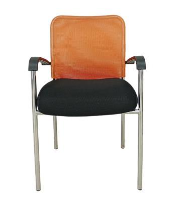 Стул Афродита Люкс. Спинка - оранжевая сетка, сиденье - черная сетка-ткань. Хромированный каркас, пластиковые подлокотники. Нагрузка до 100 кг.
