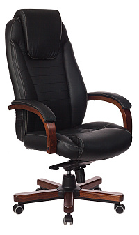 Кресло T-9923WALNUT/BLACK. Обивка - кожа, цвет черный. Деревянная крестовина. Механизм со смещенной осью качания с возможностью фиксации в нескольких положениях. Нагрузка до 200 кг