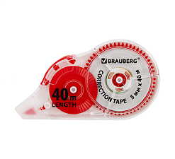 Корректирующая лента BRAUBERG EXTRA LENGTH, ширина 5мм, длина 40м, цвет прозрачный/красный, в блистере