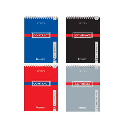 Блокнот формат А-5, 80листов BRAUBERG "Contract", блок в клетку, на спирали, обложка мелованный картон, , жесткая подложка, плотность блока 60г/кв.м, цвет ассорти