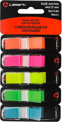 Клейкие закладки флажки пластиковые "Lamark" размер  44х12мм, 20л х 5 неоновых цвета, 100 листов в диспенсере Z-сложения