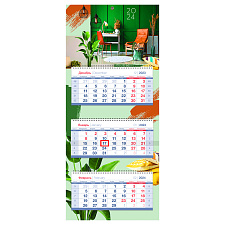 Календарь квартальный 2024 г. 3-х блочный на 3-х гребнях OfficeSpace Mini premium "Office", с бегунком и люверсом, 195×475 мм