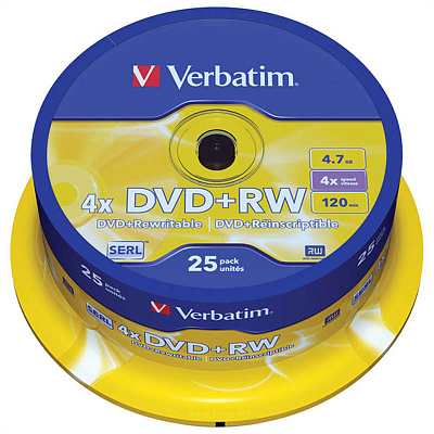 DVD+RW диск Verbatim объем диска 4.7Gb, максимальная скорость записи 4x, 25 штук в упаковке