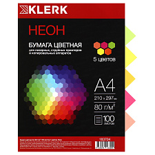Бумага KLERK А-4 80 г/м2, 100 листов неон, 5 ярких цветов по 20 листов