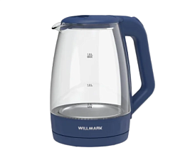 Чайник стекло WILLMARK WEK-1823G объем 1,8 л, мощность 2200Вт, диск, подсветка, цвет серый/синий