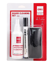 Набор  средств  для маркерных досок стиратель/губка , очиститель-спрей, маркер 2 шт( синий ,черный)