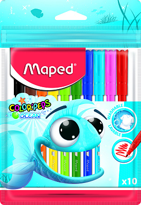 Фломастеры 10 цветов "MAPED Color'Peps Ocean" с заблокированным пишущим узлом, смываемые в пакете с подвесом